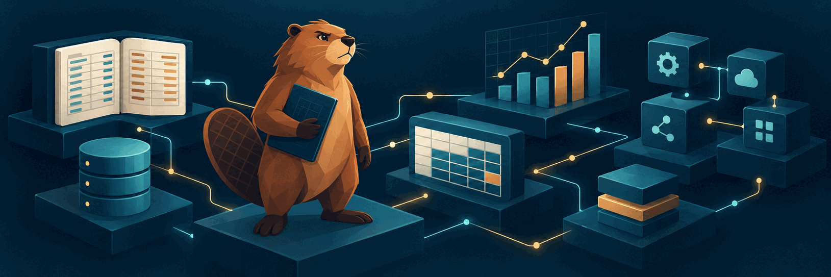 Byte Beaver, the gBASIC mascot, standing among a ledger, a database, a spreadsheet, a bar chart and a set of service cubes
